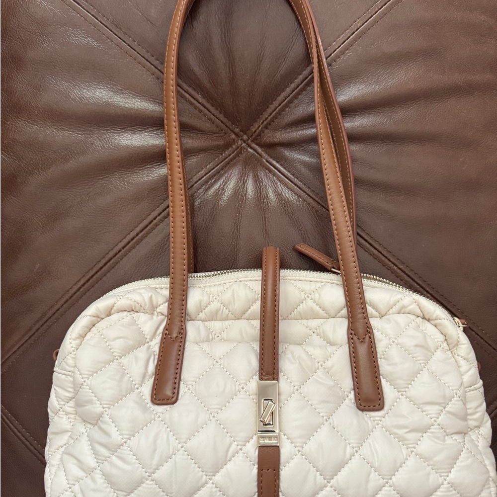 MZ Wallace Cream Quilted Shoulder Bag with Brown Straps